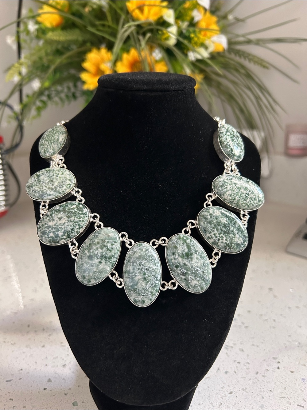 Sterling Silver Moss Agate Gemstone Link Necklace